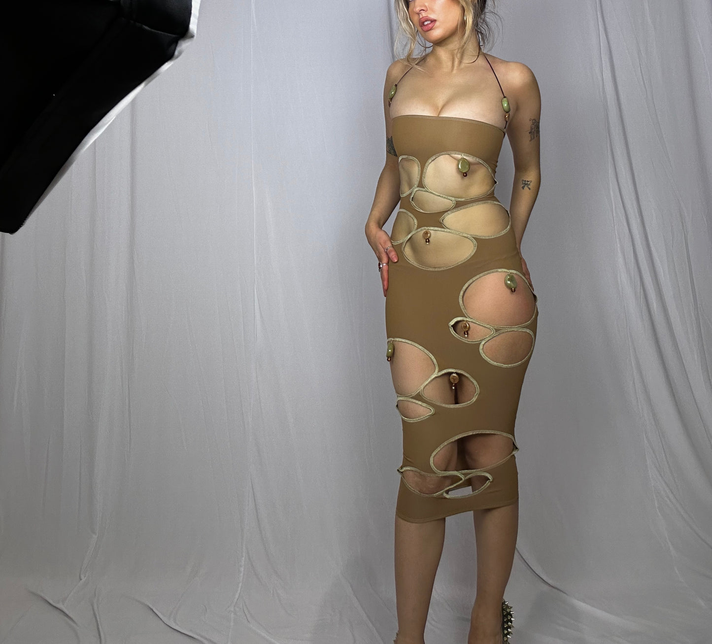 Ceramic Beaded Dress in Khaki Sage