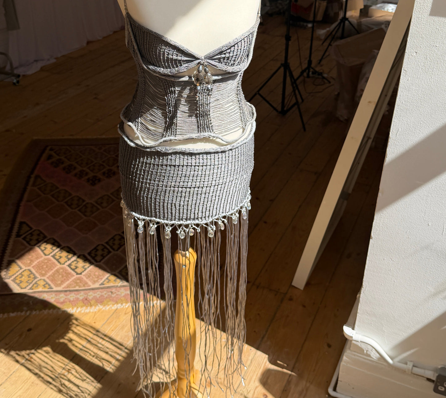 Steel Bejewelled Satin Fringe Skirt ★